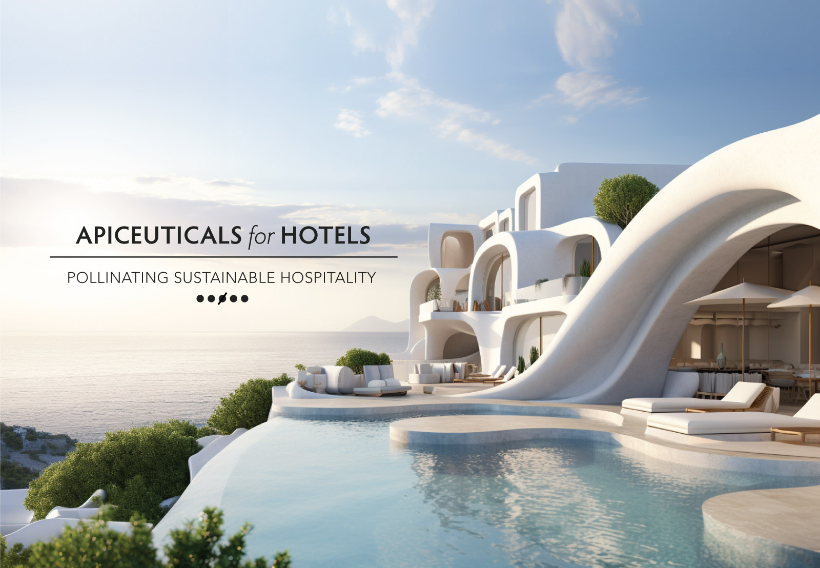Apiceuticals for Luxury Hotels brand, showing a luxury hotel in a Greek island
